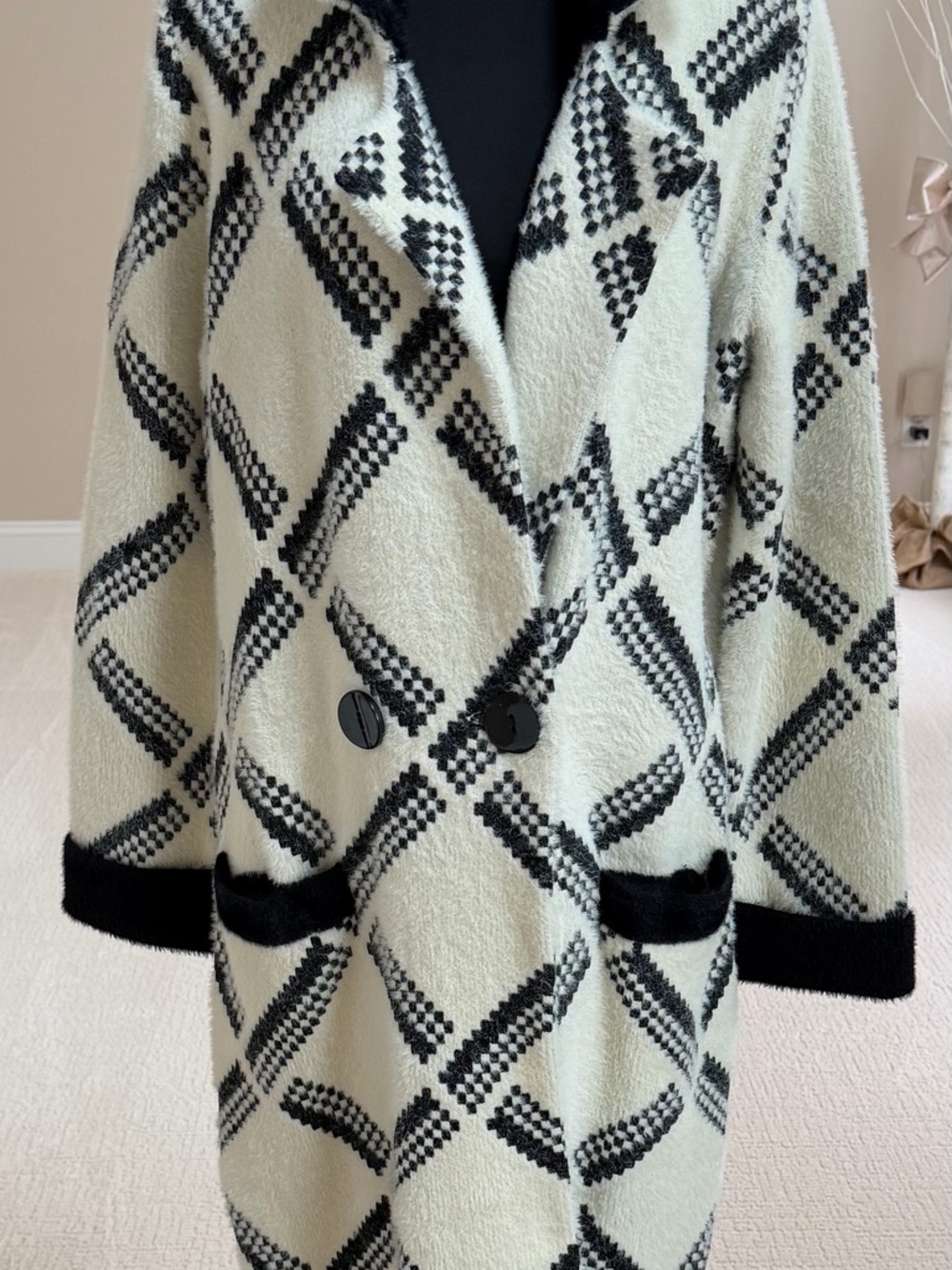 Women's Black & White Check Bouclé Coa